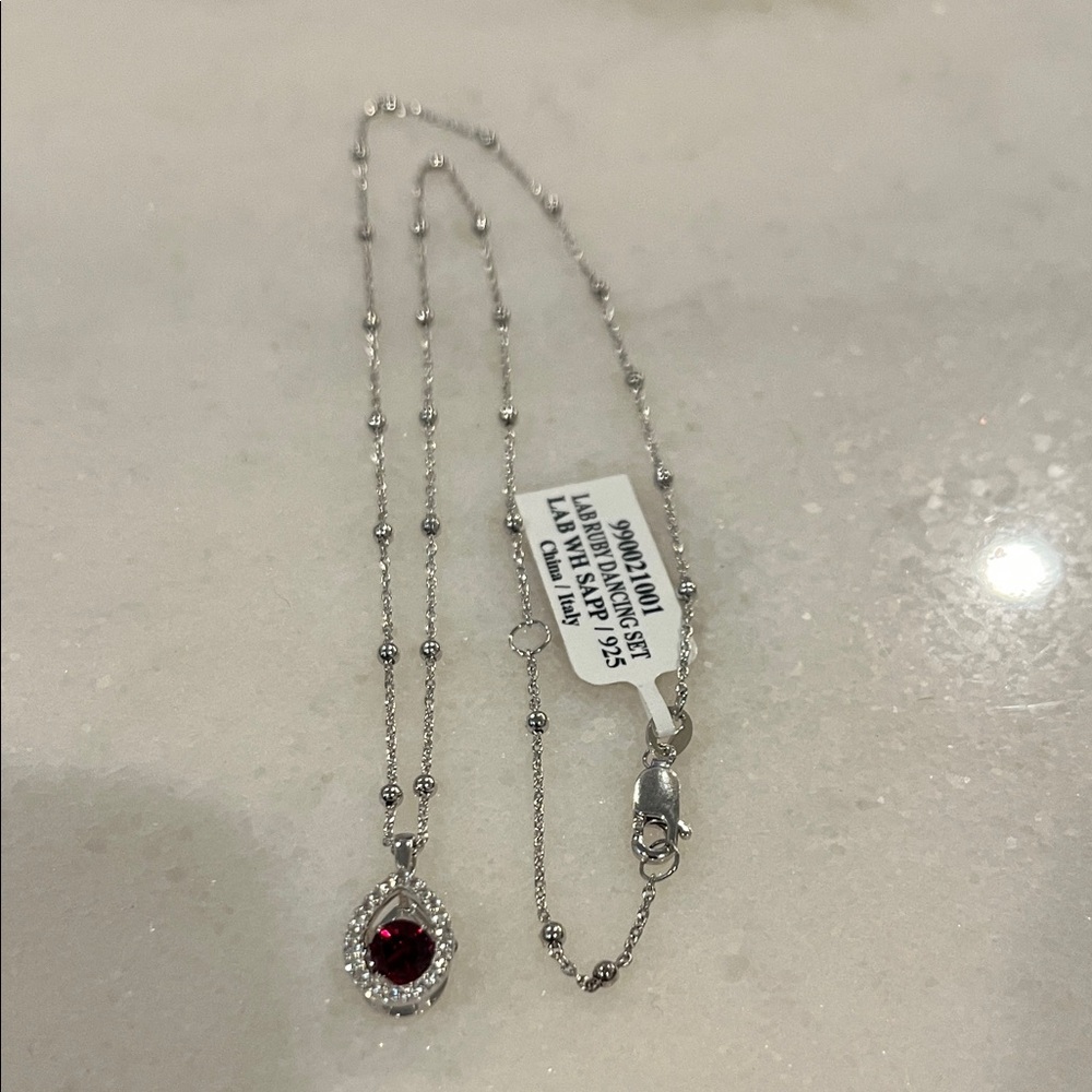 LAB RUBY WHITE SAPPHIRE 925 Pendant Necklace BRAND NEW APROX 16in adjustable - Picture 4 of 5